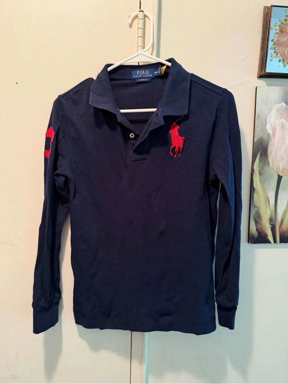 Ralph Lauren Navy Long-Sleeve Polo with Red Pony & Sleeve Patch 10-12